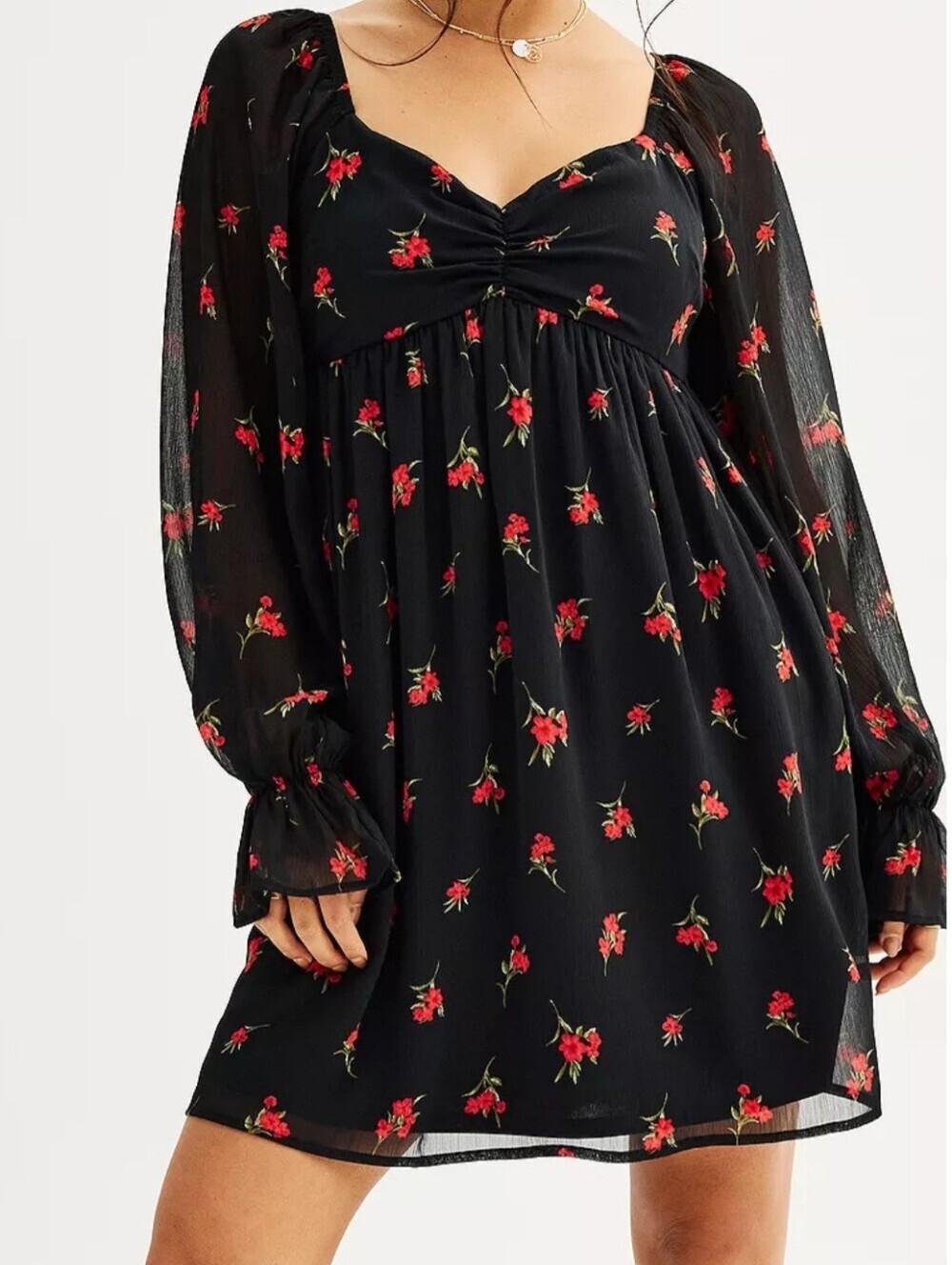 Live To Be Spoiled Floral Ruched Bodice Long Sleeve Skater Dress